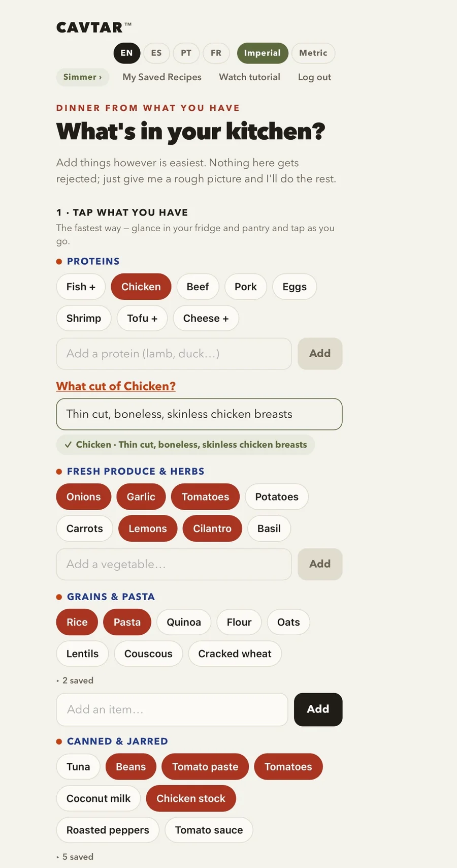 CAVTAR app: tap what's in your kitchen