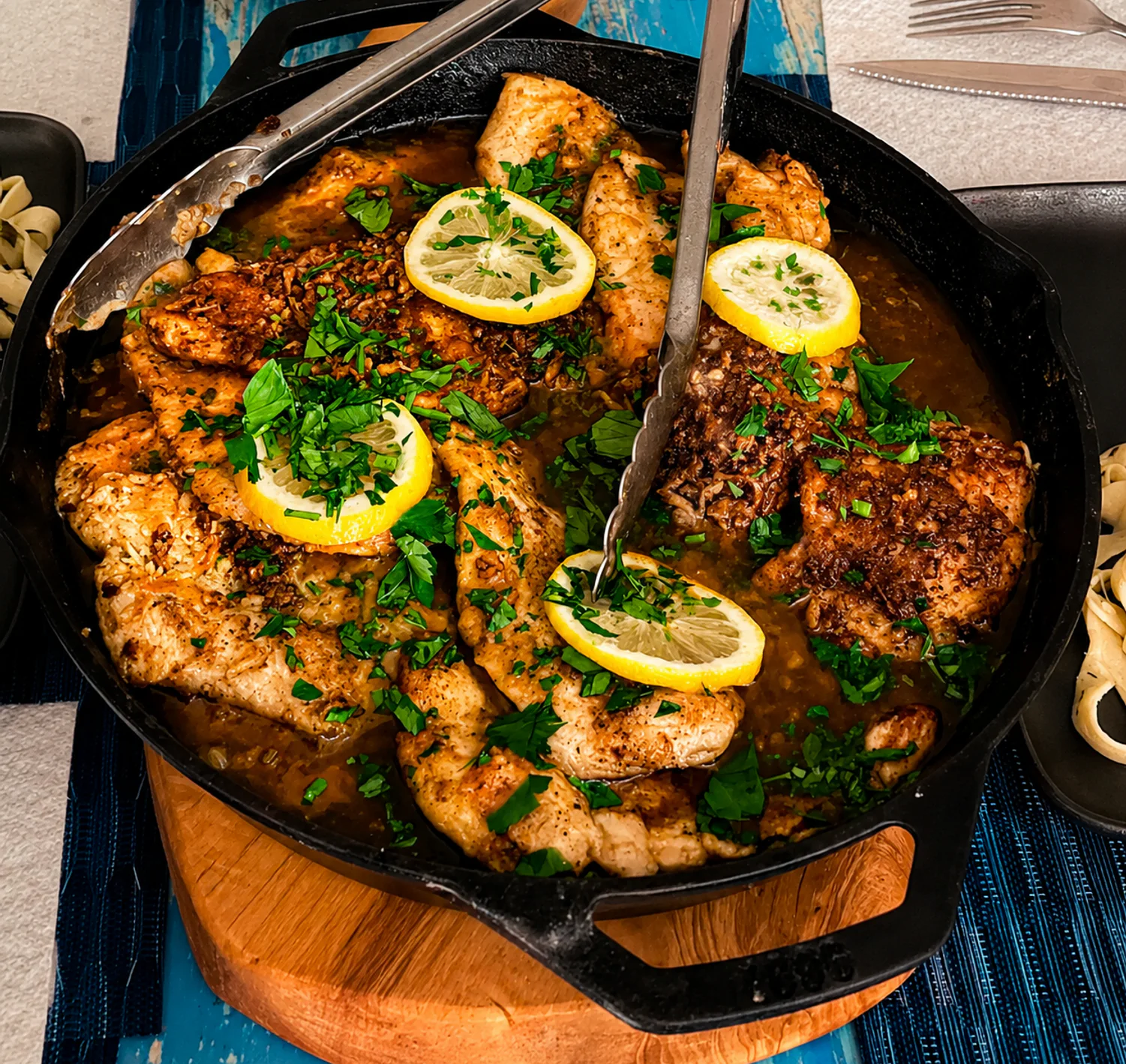 Chicken piccata in a cast-iron skillet