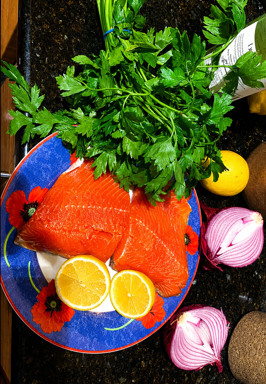 Raw salmon fillets on a plate with parsley, lemons, and red onions